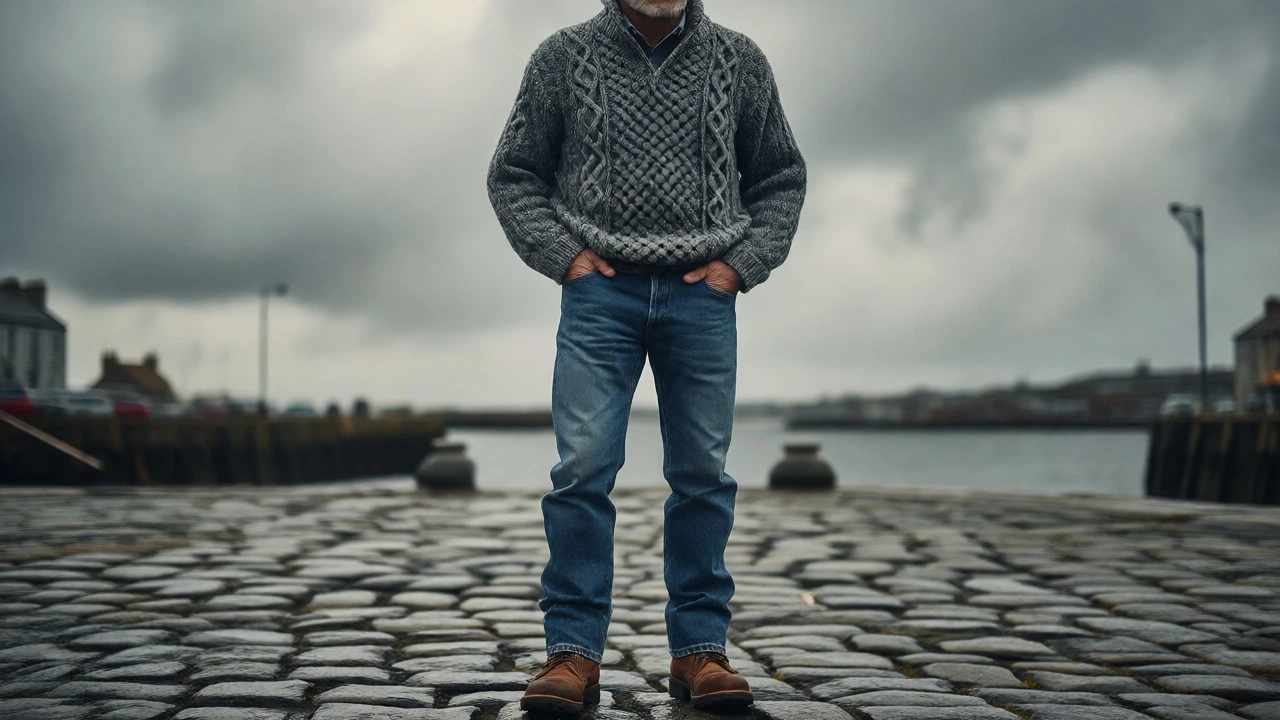 Man in mid-blue jeans and Aran sweater standing by Galway quay in windy weather