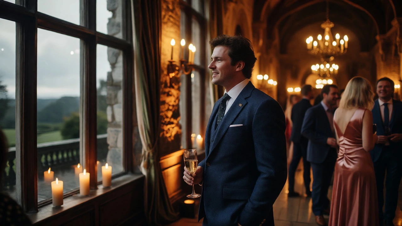 Man in navy suit at Irish castle wedding reception twilight