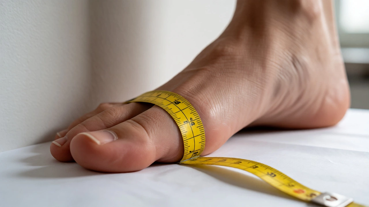 Measuring foot width with tape measure on paper