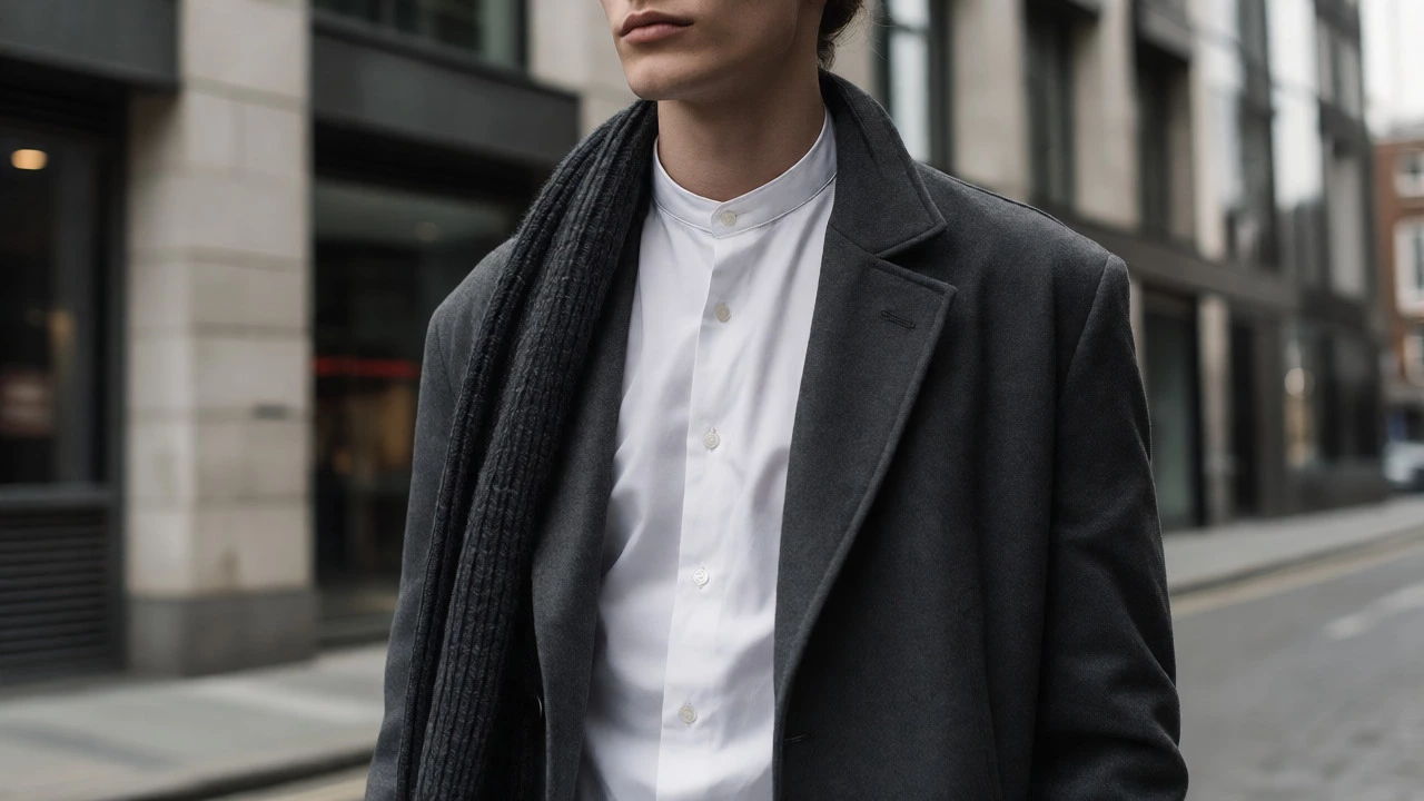 Model wearing a white band-collar shirt and coat on a modern Dublin street.