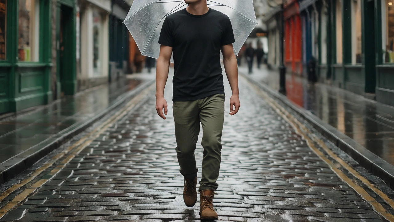 Person in a black t-shirt and chinos walking through rainy Galway streets.