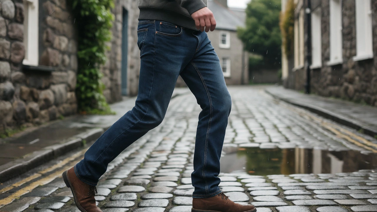 Person walking in jeans on wet Galway streets