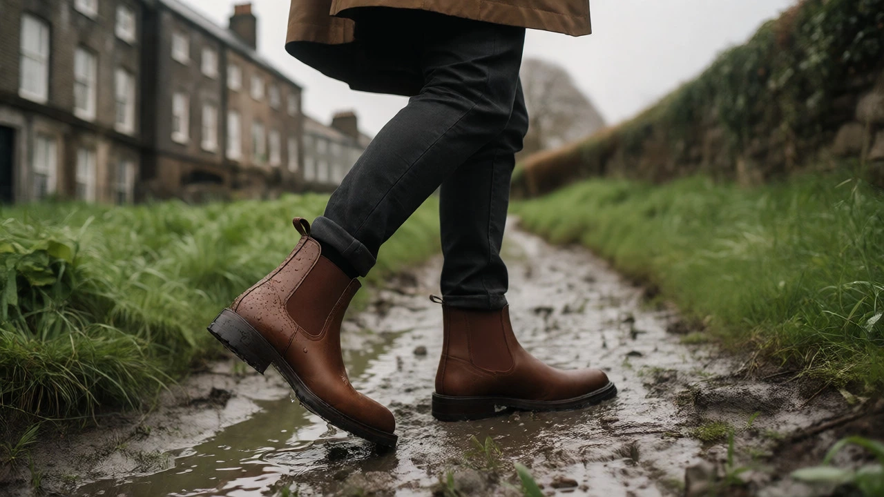 Person wearing waterproof leather Chelsea boots on a rainy Irish trail
