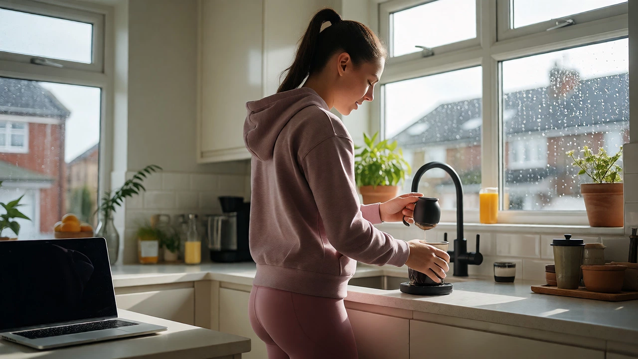 Professional in Lululemon athleisure making coffee at home in Dublin