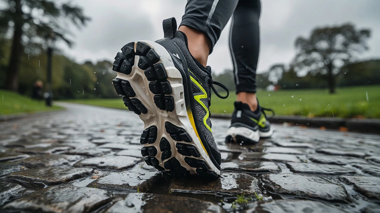 Runner's feet in performance sneakers gripping wet cobblestones in Phoenix Park