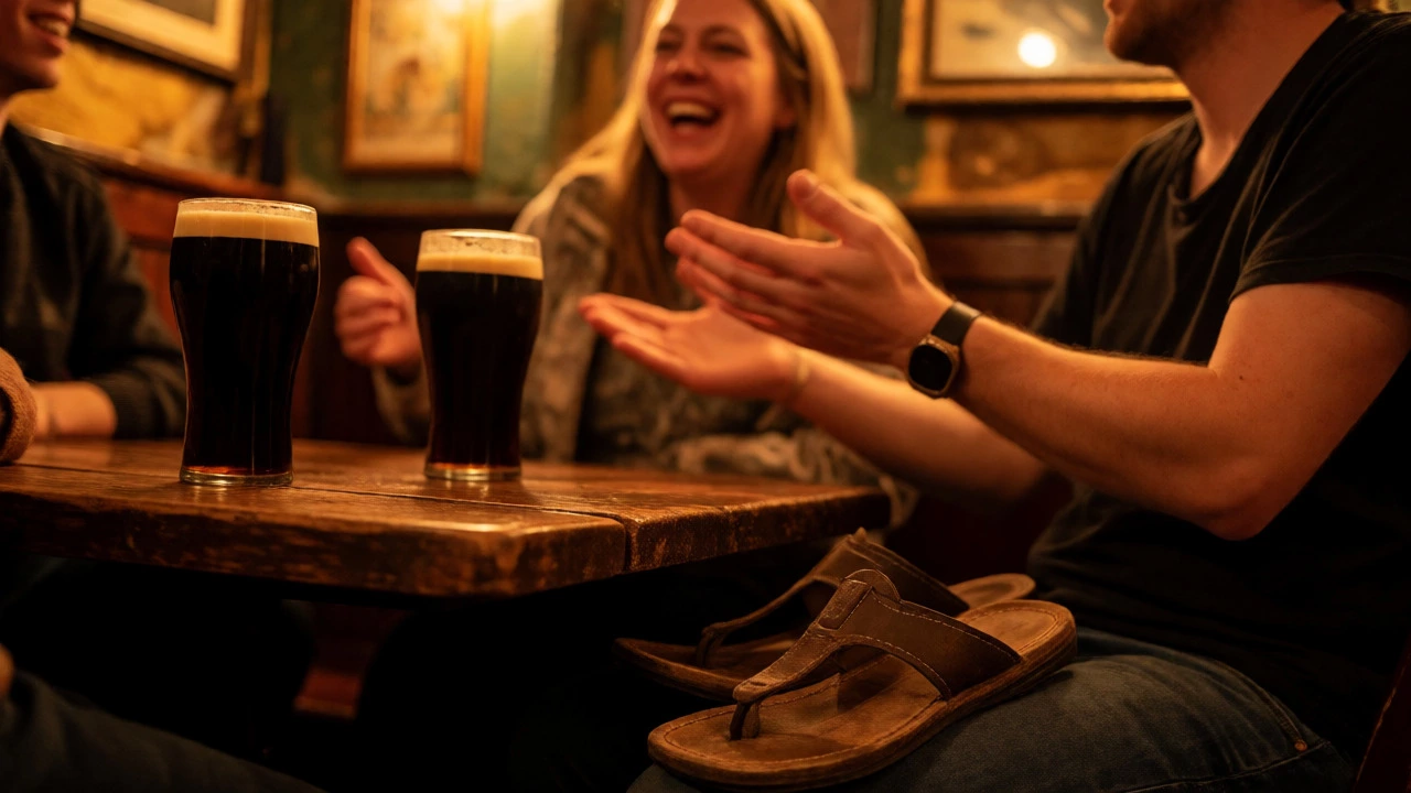 Two friends laughing in a Galway pub with sandals visible under the table