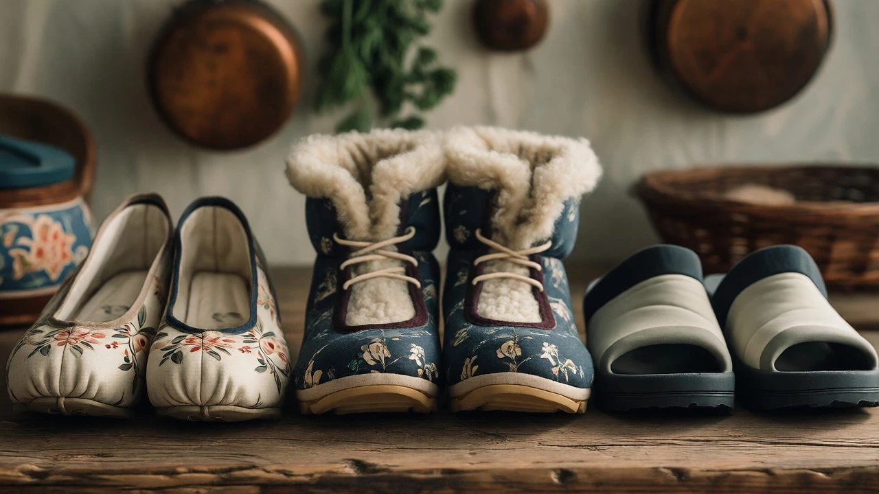 Variety of Chinese cloth shoes and winter booties on a wooden table