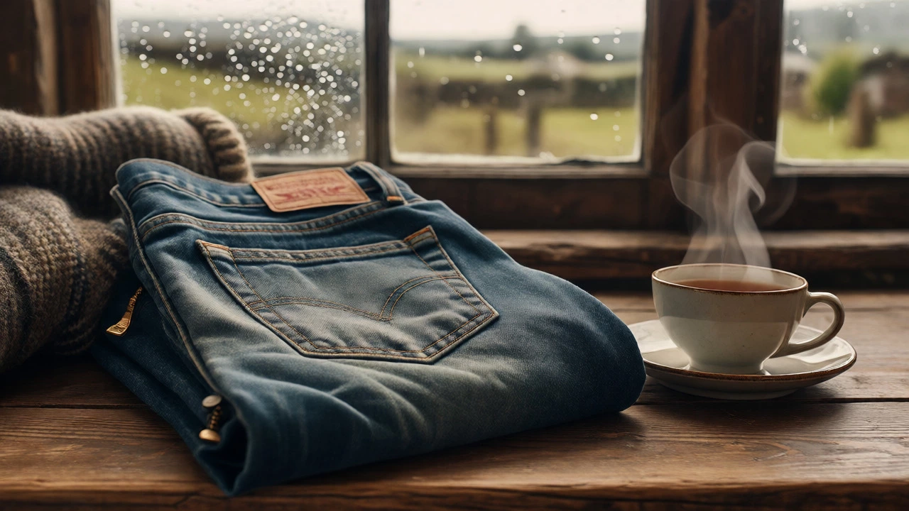Vintage jeans and tea on a table by a rainy window