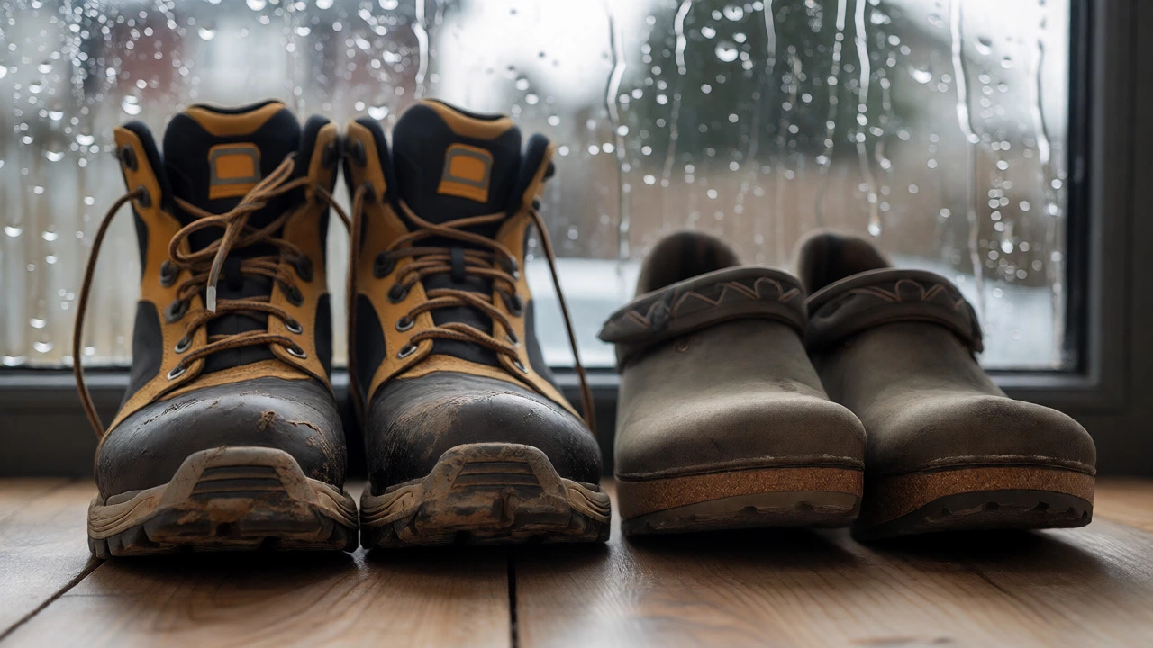 Waterproof boots and clogs by a rain-streaked window