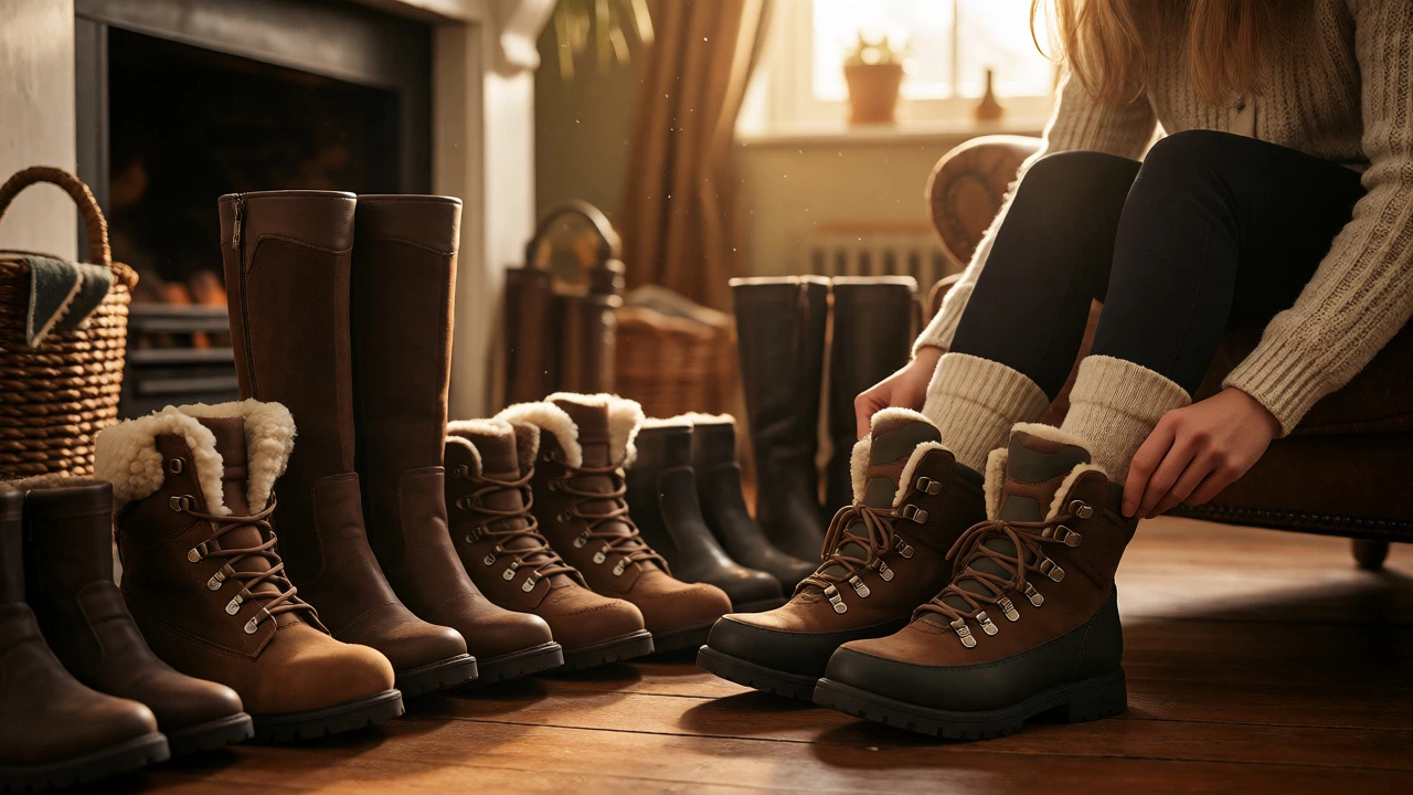 Woman trying on wide-fit boots indoors with thick socks