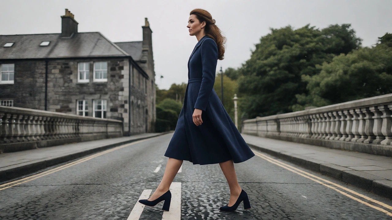 Woman walking in navy block heels on a windy bridge in Galway, showcasing practical elegance.