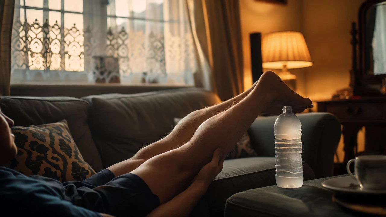 Worker stretching feet with frozen bottle on sofa