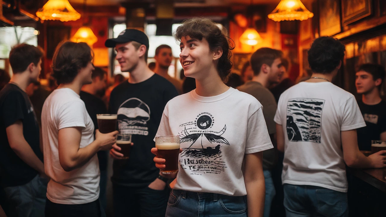 Young adults in a Dublin pub wearing unique graphic t-shirts representing local culture and bands.